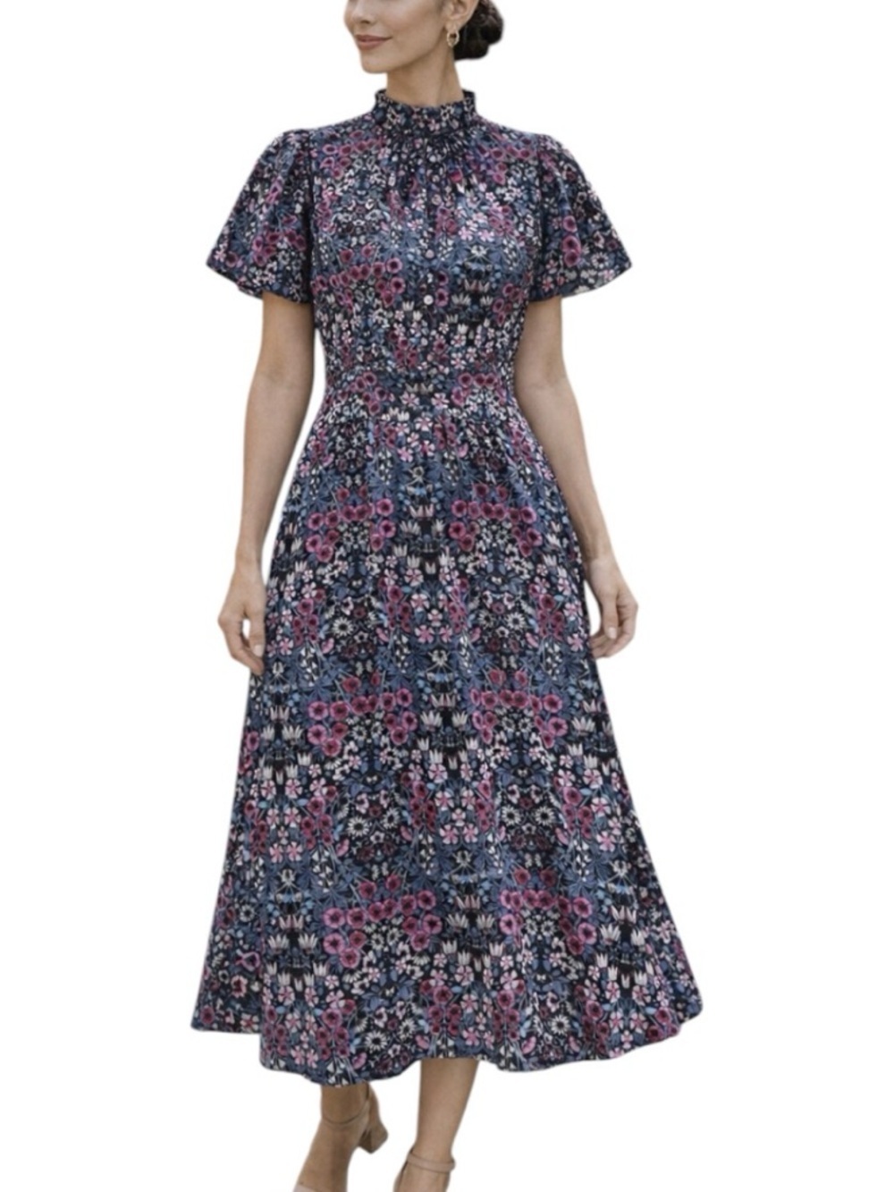 JULIA JORDAN Floral Ruffle Neck Puff Short Sleeve Midi Dress Multicolor Sz 6